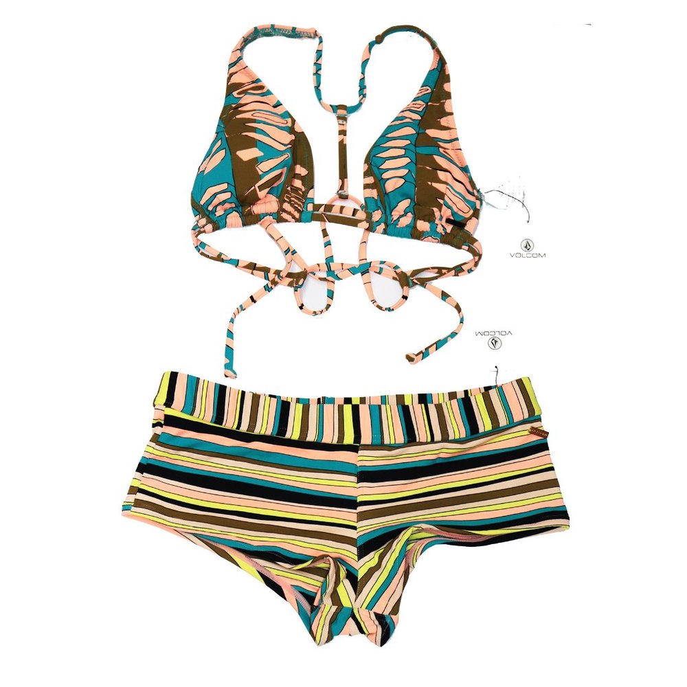 NWT Volcom Women's 2PC Boy Cut Bikini Bottom & Halter BIKINI Top Small